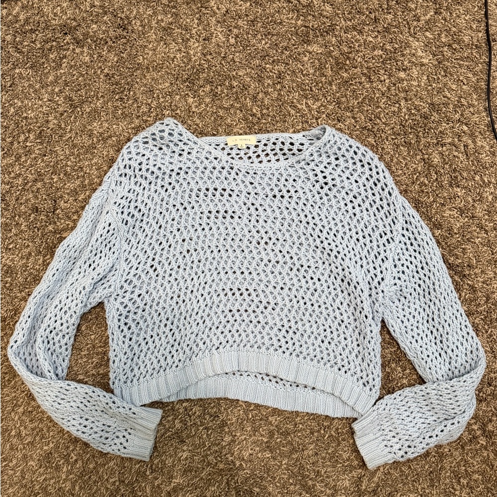 La Hearts Light Blue Open-Weave Cropped Crewneck Sweater